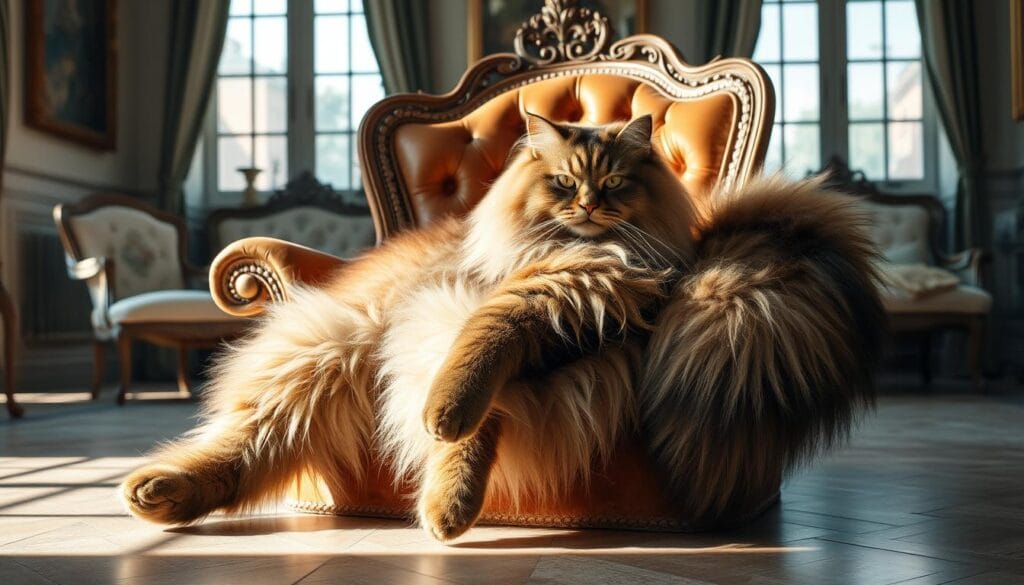 A family of Maine Coon cats lounging in a cozy home, with their large bodies and long fur visible.