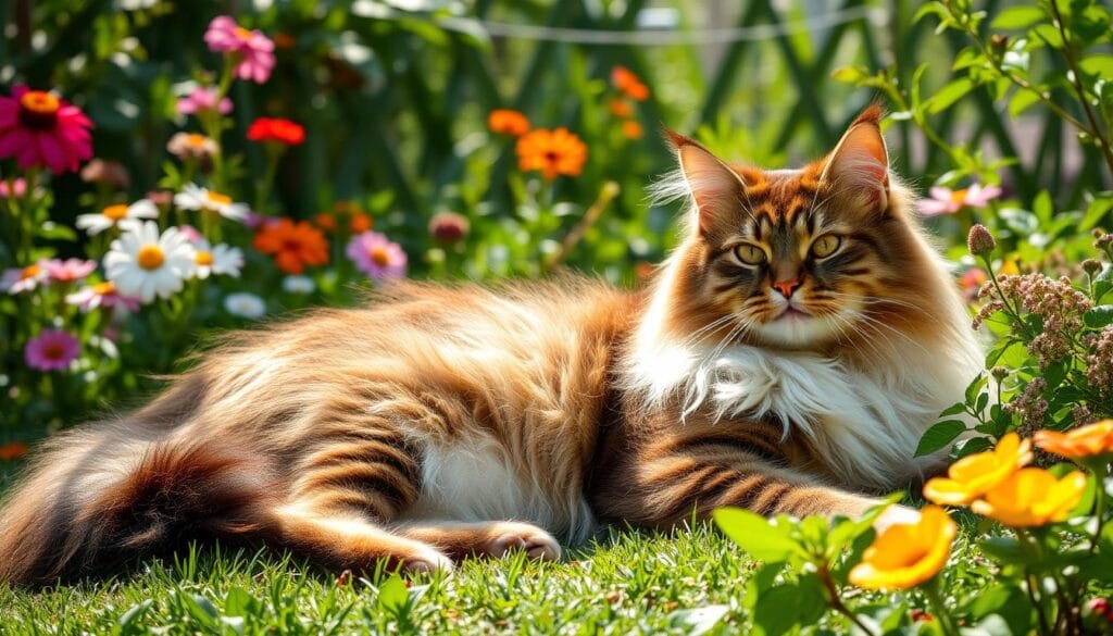 Maine Coon cat with a thick bushy tail, one of its most distinctive features.